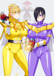 2girls bad_tag black_hair blonde_hair cape female firing kanisuka_rita kikai_sentai_zenkaiger long_hair multiple_girls ohsama_sentai_king-ohger otokamu purple_eyes ran_himeno super_sentai yellow_eyes