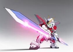 Rule 34 | absurdres, commentary, deformed, dual wielding, energy sword, english commentary, glowing, glowing eyes, gradient background, green eyes, gundam, gundam seed, gundam seed destiny, highres, holding, holding sword, holding weapon, impulse gundam, legs apart, mecha, mobile suit, no humans, robot, science fiction, sd gundam, shadow, standing, sword, sword impulse gundam, v-fin, weapon, zakuma