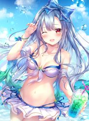 Rule 34 | 1girl, ;d, aoba project, aoba rena, bare shoulders, bikini, bikini skirt, blue hair, blue sky, bow, bracelet, breasts, bubble, cloud, collarbone, cowboy shot, cup, disposable cup, front-tie bikini top, front-tie top, hair bow, hand up, highres, holding, jewelry, long hair, looking at viewer, medium breasts, navel, necklace, one eye closed, open mouth, red eyes, sakura moyon, shawl, side-tie bikini bottom, sky, smile, solo, stomach, swimsuit, white bikini
