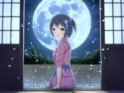Rule 34 | 1girl, :d, absurdres, apron, bamboo fence, black hair, blue apron, blue flower, blue petals, commentary request, falling petals, fence, flower, full moon, hair flower, hair ornament, half updo, hand rest, highres, looking at viewer, looking back, moon, night, night sky, open door, open mouth, original, pants, petals, pink pants, pink shirt, ponytail, shirt, short hair, shouji, sidelocks, sitting, sky, sliding doors, smile, solo, star (sky), starry sky, waist apron, yellow eyes, yutuki ame
