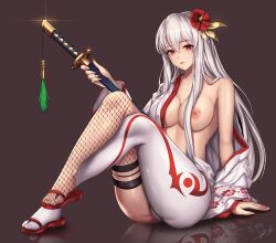 Rule 34 | 1girl, arm support, asymmetrical legwear, breasts, cleavage, closed mouth, commission, fishnet thighhighs, fishnets, hair ornament, holding, holding sword, holding weapon, japanese clothes, kimono, large breasts, long hair, looking at viewer, mad kimo, mismatched legwear, nipples, original, red eyes, sandals, sheath, sheathed, single off shoulder, single thighhigh, sitting, solo, sword, thick thighs, thighhighs, thighs, weapon, white hair, white kimono, zouri