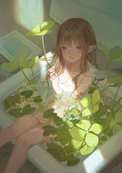 Rule 34 | 1girl, bare arms, bare shoulders, bath, blue eyes, breasts, brown hair, child, collarbone, commentary, dress, echosdoodle, elf, english commentary, faucet, flower, hands up, indoors, long hair, looking at viewer, medium breasts, original, partially submerged, plant, pointy ears, sleeveless, sleeveless dress, solo, strap slip, tile wall, tiles, towel, water, white dress, yellow flower