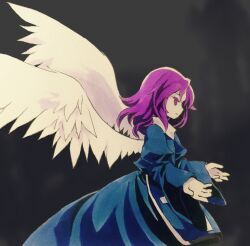Rule 34 | 1girl, blue dress, closed mouth, colored eyelashes, colored skin, commentary request, dress, feathered wings, flat chest, from side, juliet sleeves, kaigen 1025, long sleeves, marker (medium), matenshi (touhou), medium hair, puffy sleeves, purple eyes, purple hair, smile, solo, sweater, touhou, touhou (pc-98), traditional media, white skin, white sweater, white wings, wide sleeves, wings