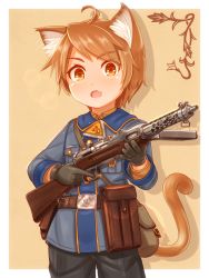 Rule 34 | 1boy, absurdres, ahoge, androgynous, animal ear fluff, animal ears, brown eyes, brown hair, cat ears, cat tail, fang, gun, highres, holding, holding gun, holding weapon, looking at viewer, male focus, military, military uniform, short hair, simple background, skin fang, solo, suzushiro (gripen39), tail, uniform, weapon