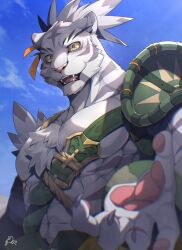 Rule 34 | 1boy, abs, animal ears, animal hands, animal nose, armor, artist name, blue sky, blurry, blurry foreground, blush, body fur, claws, cloud, colored sclera, day, fangs, furry, furry male, grey fur, grey hair, hair ribbon, hand up, happy, highres, light blush, looking at viewer, male focus, multicolored fur, multicolored hair, muscular, muscular male, navel, nimbus (world flipper), open mouth, orange ribbon, outdoors, pawpads, pectorals, ponzu tas, reaching, reaching towards viewer, ribbon, rope, scar, scar on chest, sharp teeth, short hair, shoulder armor, signature, single shoulder pad, sky, smile, solo, standing, stomach, striped fur, teeth, tiger boy, tiger ears, topknot, two-tone hair, upper body, whiskers, white fur, world flipper, yellow eyes, yellow sclera