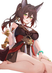 Rule 34 | 1girl, animal ears, bare legs, bare shoulders, barefoot, bracelet, breasts, brown hair, chinese commentary, commentary request, fox ears, fox girl, fox tail, gradient background, green eyes, green nails, hair between eyes, hair ornament, highres, holding, honkai: star rail, honkai (series), jewelry, kneeling, large breasts, long hair, looking at viewer, nail polish, open mouth, ponytail, red hair, revision, ru zhai, simple background, smile, tail, thighs, tingyun (honkai: star rail), white background