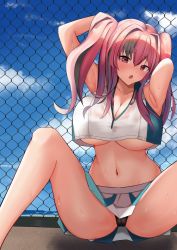 Rule 34 | 1girl, :o, armpits, arms behind head, arms up, ass, azur lane, bare legs, bare shoulders, black panties, blue sky, blush, breasts, bremerton (azur lane), bremerton (scorching-hot training) (azur lane), chain-link fence, cleavage, cloud, collarbone, collared shirt, commentary request, cowboy shot, crop top, crop top overhang, day, fence, green skirt, grey hair, groin, hair between eyes, hair intakes, head tilt, highres, large breasts, long hair, looking at viewer, midriff, mikoto paint, multicolored hair, navel, no mole, nose blush, ocean, outdoors, panties, pantyshot, pink eyes, pink hair, see-through, shadow, shirt, sidelocks, sitting, skirt, sky, sleeveless, sleeveless shirt, solo, sportswear, spread legs, streaked hair, sweat, tennis uniform, twintails, two-tone hair, two-tone shirt, two-tone skirt, underboob, underwear, wet, wet clothes, wet shirt, white shirt, white skirt