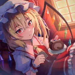 Rule 34 | 1girl, :i, ascot, blonde hair, bo cota, cake, collared shirt, crystal, fang, flandre scarlet, food, fork, frilled shirt collar, frills, hair between eyes, hat, highres, holding, holding fork, holding plate, indoors, long hair, looking at viewer, mob cap, one side up, open mouth, plate, red eyes, red skirt, red vest, shirt, sitting, skirt, smile, solo, touhou, vest, white hat, white shirt, window, wings, wrist cuffs, yellow ascot