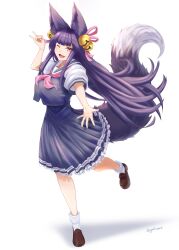 Rule 34 | 1girl, :d, animal ear fluff, animal ears, bell, fang, fox ears, fox girl, fox shadow puppet, fox tail, full body, gollizo, granblue fantasy, hair bell, hair ornament, highres, long hair, looking at viewer, one eye closed, open mouth, outstretched hand, purple hair, red eyes, school uniform, shadow, sidelocks, smile, solo, tail, very long hair, white background, yuel (granblue fantasy)
