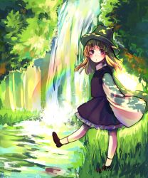 Rule 34 | 1girl, blonde hair, blush, brown footwear, colorful, dappled sunlight, day, frilled skirt, frills, from side, grass, hair ribbon, highres, long hair, long sleeves, looking at viewer, looking to the side, moriya suwako, nature, parted lips, purple skirt, purple vest, rainbow, reflection, ribbon, shoes, skirt, skirt set, socks, solo, stream, sunlight, tis (shan0x0shan), touhou, tree, turtleneck, vest, walking, water, water drop, waterfall, white socks, wide sleeves
