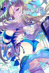 Rule 34 | 119, 1girl, alternate costume, ass, asuna (blue archive), blue archive, blue eyes, blue one-piece swimsuit, breasts, eyewear on head, hair over one eye, jacket, large breasts, light brown hair, looking at viewer, one-piece swimsuit, see-through, see-through jacket, sideboob, smile, solo, sunglasses, swimsuit, white jacket