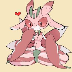 Rule 34 | 1girl, antennae, arthropod girl, black eyes, blush, breasts, colored sclera, colored skin, creatures (company), female focus, furry, furry female, game freak, gen 7 pokemon, green skin, hands up, heart, highres, looking at viewer, lurantis, multicolored skin, nintendo, nose blush, pink skin, pokemon, pokemon (creature), pussy, red sclera, shiny skin, simple background, small breasts, solo, spread legs, sweat, thick thighs, thighs, uncensored, white skin, yamada (pixiv 24040206), yellow background