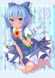 Rule 34 | circled 9, 1girl, blouse, blue dress, blue eyes, blue hair, blue ribbon, bow, cirno, dress, dress shirt, flower, hair bow, hair flower, hair ornament, hidden star in four seasons, ice, ice wings, jan (janpx2012), plant, puffy short sleeves, puffy sleeves, red bow, red ribbon, ribbon, shirt, short hair, short sleeves, sunflower, sunflower hair ornament, tan, tanned cirno, touhou, vines, white shirt, white shirt, wings