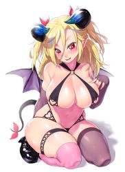 Rule 34 | 1girl, asymmetrical legwear, bare shoulders, bikini, black bikini, black footwear, blonde hair, blush, breasts, brown gloves, brown thighhighs, cleavage, clothing cutout, commentary request, demon girl, demon horns, demon tail, elbow gloves, fingerless gloves, full body, gloves, hair ribbon, heart, heart cutout, highres, horns, large breasts, long hair, looking at viewer, mismatched legwear, navel, o-ring, o-ring bikini, o-ring top, onsoku inu, original, parted lips, pink thighhighs, pointy ears, red eyes, red ribbon, ribbon, seiza, shoes, simple background, sitting, smile, solo, stomach, swimsuit, tail, thighhighs, white background