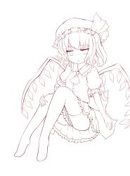 Rule 34 | 1girl, :t, absurdres, bed, female focus, flandre scarlet, full body, hat, highres, laevatein, lineart, monochrome, pout, red eyes, shiro tsugumi, short hair, side ponytail, solo, embodiment of scarlet devil, thighhighs, touhou, transparent background, wings