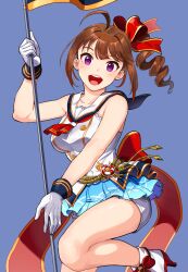 Rule 34 | 1girl, :d, ahoge, ankle boots, back bow, blue background, blue skirt, boots, bow, brown hair, commentary, drill hair, flag, gloves, hair bow, high heel boots, high heels, highres, holding, holding flag, idol, idolmaster, idolmaster million live!, kamille (vcx68), large bow, legs up, medium hair, microskirt, neckerchief, open mouth, pleated skirt, purple eyes, red bow, red neckerchief, sailor collar, sailor shirt, senkou hanabi dan (idolmaster), shirt, short shorts, shorts, shorts under skirt, side drill, side ponytail, sidelocks, skirt, sleeveless, sleeveless shirt, smile, solo, standing, standing on one leg, white footwear, white gloves, white sailor collar, white shirt, white shorts, yokoyama nao