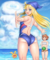 Rule 34 | 2girls, ahoge, arle nadja, belt, blonde hair, blue eyes, blue headwear, blue sky, blunt bangs, blush, breasts, brown hair, cloud, cloudy sky, collarbone, commentary request, competition swimsuit, dot nose, feet out of frame, food, from behind, fruit, hair between eyes, hat, highres, horizon, kneepits, linea alba, long hair, looking at viewer, looking back, medium hair, multiple girls, ocean, one-piece swimsuit, open mouth, orizen, outdoors, outstretched arms, puyopuyo, sega, shoulder blades, sky, small breasts, smile, spread fingers, swimsuit, tareme, thick thighs, thighs, water, watermelon, witch (puyopuyo)