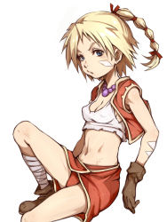 Rule 34 | 1girl, bandages, blonde hair, blue eyes, breasts, chrono cross, e10, facial mark, gloves, high ponytail, jewelry, kid (chrono cross), long hair, looking at viewer, midriff, multi-tied hair, navel, necklace, panties, ponytail, simple background, skirt, solo, underwear, vest, white background