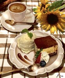 artist_name blueberry cake cake_slice cappuccino cup drink fine_9725 flower food food_focus fruit garnish highres ice_cream no_humans original plate saucer spoon still_life sunflower table teacup