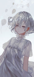 Rule 34 | 1girl, absurdres, balloon, closed mouth, commentary request, dress, grey background, grey eyes, grey hair, highres, iwai ku tsuki, original, short hair, short sleeves, simple background, solo, upper body, white dress