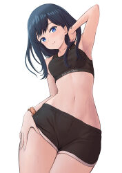 Rule 34 | 1girl, absurdres, arm up, black hair, black sports bra, blue eyes, border, brand name imitation, breasts, calvin klein, check commentary, commentary, commentary request, commission, curvy, dolphin shorts, eyelashes, gridman universe, gridman universe (film), hair over shoulder, hand in own hair, hand on own thigh, highres, lips, looking at viewer, midriff, navel, sasasa r 23, scrunchie, short shorts, shorts, simple background, skeb commission, small breasts, smile, sports bra, ssss.gridman, stomach, sweat, takarada rikka, thighs, white background, wide hips, wrist scrunchie