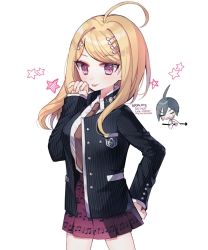Rule 34 | 1boy, 1girl, ahoge, akamatsu kaede, arrow through heart, beamed eighth notes, black jacket, blonde hair, blush, breasts, commentary request, cosplay, cowboy shot, dalrye v3, danganronpa (series), danganronpa v3: killing harmony, eighth note, fortissimo, hair ornament, hand on own hip, hand up, highres, jacket, long hair, long sleeves, looking at viewer, medium breasts, musical note, musical note hair ornament, necktie, open clothes, open jacket, paw pose, pleated skirt, purple eyes, saihara shuichi, saihara shuichi (cosplay), school uniform, shirt, skirt, smile, solo focus, star (symbol), striped clothes, striped jacket, tongue, tongue out, twitter username, white background, white shirt