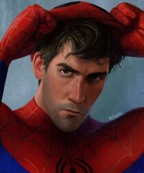 Rule 34 | 1boy, absurdres, black hair, blue bodysuit, bodysuit, brown eyes, closed mouth, facial hair, highres, looking at viewer, male focus, marvel, mask, mask lift, peter b parker, red bodysuit, short hair, shuploc, solo, spider-man: across the spider-verse, spider-man (series), spider-verse, spider web print, superhero costume, twitter username, two-tone bodysuit