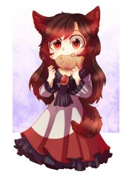 Rule 34 | 1girl, absurdres, animal ear fluff, animal ears, arms up, blue background, brooch, brown hair, chibi, commentary, dungeon toaster, english commentary, food, food in mouth, gradient background, highres, imaizumi kagerou, jewelry, long hair, long sleeves, looking at viewer, mouth hold, no legs, petticoat, purple background, red eyes, shawl, solo, sparkling eyes, standing, swept bangs, tail, taiyaki, touhou, two-tone dress, very long hair, wagashi, wolf ears, wolf tail