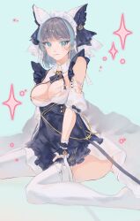Rule 34 | 1girl, :3, absurdres, animal ears, apron, aqua eyes, aqua hair, azur lane, bare shoulders, blue background, blue hair, breasts, cat ears, cheshire (azur lane), cleavage, closed mouth, detached sleeves, dress, fake animal ears, frilled hairband, frills, garter straps, hairband, highres, large breasts, long ribbon, looking at viewer, maid headdress, medium hair, multicolored hair, puffy short sleeves, puffy sleeves, purple apron, purple hair, shino pupille, short hair, short sleeves, simple background, sitting, solo, sparkle, streaked hair, thighhighs, two-tone hair, white dress, white thighhighs, wrist cuffs