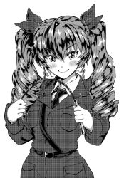 Rule 34 | 10s, 1girl, anchovy (girls und panzer), anzio military uniform, bad id, bad pixiv id, belt, closed mouth, commentary, dress shirt, drill hair, girls und panzer, greyscale, hair ribbon, halftone, holding, holding riding crop, jacket, kanau, long hair, long sleeves, looking at viewer, military, military uniform, monochrome, ribbon, riding crop, shirt, shoulder belt, smile, solo, standing, twin drills, twintails, uniform