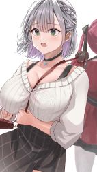 Rule 34 | 2girls, absurdres, bag, between breasts, blush, breasts, choker, cleavage, green eyes, handbag, highres, hololive, houshou marine, large breasts, multiple girls, open mouth, plaid, plaid skirt, red hair, ribbed sweater, shirogane noel, short hair, silver hair, skirt, sks rr, sweater, virtual youtuber, white background