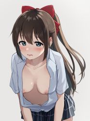 Rule 34 | 1girl, absurdres, blue eyes, blue shirt, blue skirt, blush, bow, breasts, breasts apart, brown hair, collarbone, commentary request, cowboy shot, embarrassed, gradient background, grey background, hair between eyes, hair bow, half updo, highres, leaning forward, long hair, looking at viewer, love live!, love live! nijigasaki high school idol club, lower teeth only, medium breasts, miniskirt, navel, nijigasaki school uniform, nipples, no bra, nose blush, open clothes, open shirt, osaka shizuku, parted lips, partially unbuttoned, plaid, plaid skirt, pleated skirt, red bow, school uniform, shirt, short sleeves, sidelocks, skirt, solo, standing, tata (tataice), tearing up, teeth