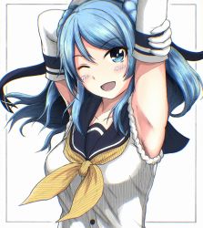 Rule 34 | 1girl, arm up, armpits, blue eyes, blue hair, blue sailor collar, blush, breasts, collarbone, double bun, elbow gloves, gloves, h2 (h20000000), hair between eyes, hair bun, hat, highres, kantai collection, large breasts, neckerchief, one eye closed, open mouth, outstretched arm, sailor collar, sailor hat, school uniform, serafuku, sleeves rolled up, smile, solo, upper body, urakaze (kancolle), white background, white gloves, white hat, yellow neckerchief