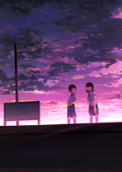 Rule 34 | 2girls, backlighting, black hair, brown hair, can, canned coffee, closed eyes, cloud, commentary, dark, drink can, holding, leaning forward, looking at another, looking to the side, multiple girls, neck ribbon, original, outdoors, power lines, ribbon, scenery, school uniform, short hair, sign, sky, sleepy, star (sky), sunlight, sunrise, tabata mihira, train station, unbuttoned, untied, utility pole