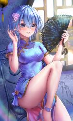 Rule 34 | 1girl, absurdres, blue dress, blue eyes, blue hair, blue nails, blush, bow, bow earrings, breasts, china dress, chinese clothes, commentary, dress, earrings, fingernails, flower, folding fan, gold trim, grin, hair between eyes, hair flower, hair ornament, hand fan, hands up, high heels, highres, holding, holding fan, hololive, hoshimachi suisei, jewelry, looking at viewer, medium breasts, medium hair, nail polish, on chair, panties, pink flower, short sleeves, sitting, smile, solo, star (symbol), star in eye, symbol in eye, tassel, thighs, underwear, virtual youtuber, wajuniorbox, white footwear, white panties