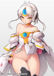 Rule 34 | 1girl, ass, bad id, bad pixiv id, bare shoulders, black thighhighs, blush, braid, breasts, chinese commentary, choker, clothes lift, clothes pull, code: empress (elsword), collarbone, commentary request, cowboy shot, dress, dress lift, dress pull, elsword, eve (elsword), facial mark, female focus, forehead jewel, french braid, gluteal fold, gradient background, lifted by self, long hair, looking at viewer, nipples, no bra, no panties, parted lips, puffy sleeves, pussy, revision, simple background, small breasts, smile, solo, standing, strapless, strapless dress, thigh gap, thighhighs, waero, white dress, white hair, white sleeves, yellow choker, yellow eyes