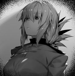 Rule 34 | 1girl, absurdres, breasts, fate/grand order, fate (series), florence nightingale (fate), folded ponytail, greyscale, highres, hxd, jacket, large breasts, long hair, long sleeves, looking down, military jacket, monochrome, sidelocks, solo