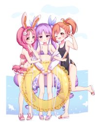 Rule 34 | 3girls, :d, :o, ;d, animal ears, bare arms, bare shoulders, bikini, black hairband, black one-piece swimsuit, blue ribbon, blush, braid, brown eyes, brown hair, covered navel, flower, frilled bikini, frills, groin, hair flower, hair ornament, hair ribbon, hairband, hand up, highres, innertube, jacket, kyouka (princess connect!), layered bikini, locked arms, long hair, long sleeves, looking at viewer, mimi (princess connect!), mimi (summer) (princess connect!), misogi (princess connect!), multiple girls, nail polish, navel, off shoulder, one-piece swimsuit, one eye closed, open clothes, open jacket, open mouth, parted lips, pink bikini, pink hair, pink nails, princess connect!, purple bikini, purple hair, rabbit ears, rabbit hair ornament, ribbon, sandals, see-through, setmen, side ponytail, sleeves past wrists, smile, standing, standing on one leg, string bikini, swim ring, swimsuit, transparent, twin braids, twintails, v, very long hair, white flower, white footwear, white jacket