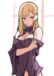 Rule 34 | 1girl, :t, arm under breasts, ataruman, bare shoulders, black dress, blonde hair, breasts, brown eyes, commentary, dress, ear piercing, english commentary, hair between eyes, highres, kitagawa marin, large breasts, long hair, looking at viewer, piercing, pout, simple background, sketch, solo, sono bisque doll wa koi wo suru, tearing up, upper body