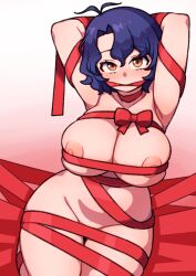 Rule 34 | 1girl, antenna hair, armpits, arms behind head, arms up, blue hair, blush, bound, bow, breasts, cleavage, collarbone, commentary request, gag, gagged, gradient background, groin, hair between eyes, idolmaster, idolmaster million live!, knees out of frame, kwaejina, large breasts, looking at viewer, naked ribbon, nipple slip, nipples, orange eyes, pink background, red bow, red ribbon, ribbon, ribbon bondage, seiza, short hair, sitting, skindentation, solo, stomach, toyokawa fuka, white background