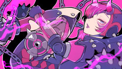 Rule 34 | 1girl, animification, apex legends, black bodysuit, black gloves, black headwear, black jacket, bodysuit, breasts, bungaw, cleavage, curled up, cyber punked wattson, cyberpunk, eyepatch, eyeshadow, fingerless gloves, from side, gloves, horns, jacket, lipstick, looking at viewer, makeup, mechanical arms, mechanical legs, one eye covered, parted lips, pink hair, purple eyes, purple eyeshadow, purple lips, single mechanical arm, solo, spiked jacket, spikes, wattson (apex legends)