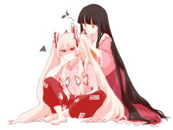 Rule 34 | 2girls, alternate hairstyle, anger vein, angry, annoyed, arm support, barefoot, black hair, bow, closed mouth, collared shirt, commentary request, eighth note, elbow on knee, frilled shirt collar, frilled skirt, frilled sleeves, frills, fujiwara no mokou, full body, hair bow, hand on own cheek, hand on own face, highres, hime cut, houraisan kaguya, indian style, long hair, long sleeves, looking at another, looking at viewer, multiple girls, musical note, neck ribbon, ofuda, ofuda on clothes, orange eyes, pants, pink shirt, red bow, red eyes, red pants, red skirt, ribbon, shaded face, shirt, short sleeves, sidelocks, sitting, skirt, smile, somei ooo, squiggle, touhou, twintails, two-tone bow, tying another&#039;s hair, very long hair, white background, white bow, white hair, white shirt, wide sleeves, yellow ribbon