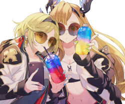 Rule 34 | 2girls, a082, asymmetrical bangs, bandeau, black shirt, blonde hair, blue nails, bottle, breasts, brown hair, cellphone, cleavage, closed mouth, djeeta (granblue fantasy), drinking, drinking straw, earrings, granblue fantasy, green nails, hairband, holding, holding bottle, holding phone, jacket, jewelry, long hair, looking at viewer, midriff, multiple girls, nail polish, navel, off shoulder, open clothes, open jacket, phone, selfie, shirt, short hair, sidelocks, simple background, small breasts, smile, sunglasses, sweatdrop, tank top, tweyen (granblue fantasy), upper body, white background, white jacket