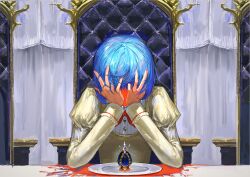 Rule 34 | 1girl, absurdres, blood, blood splatter, blue gemstone, blue hair, bow, bowtie, buttons, chair, covering face, crying, elbow rest, elbows on table, faceless, facing viewer, fu si lu shu, gem, hands on own face, highres, jacket, juliet sleeves, long sleeves, mahou shoujo madoka magica, mahou shoujo madoka magica (anime), miki sayaka, mitakihara school uniform, plate, puffy sleeves, red bow, red bowtie, school uniform, short hair, solo, soul gem, table, tablecloth, tears, upper body, yellow jacket