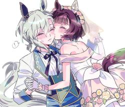 Rule 34 | !, 2girls, animal ears, bare shoulders, bead necklace, beads, blush, bow, bowtie, bridal veil, bride, brown hair, closed eyes, collared shirt, dress, female focus, gloves, green vest, grey hair, highres, holding hands, horse ears, horse girl, horse tail, jacket, jeonjagolhaem, jewelry, kiss, kissing cheek, multiple girls, necklace, nishino flower (sweet juneberry) (umamusume), nishino flower (umamusume), off-shoulder dress, off shoulder, seiun sky (soiree de chaton) (umamusume), seiun sky (umamusume), shirt, short hair, simple background, spoken exclamation mark, tail, tonight at the ligne droite (umamusume), umamusume, upper body, veil, vest, wedding dress, white background, white gloves, white jacket, white shirt, yuri