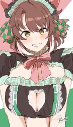 Rule 34 | 1girl, ahoge, alternate costume, animal ears, blush, breasts, brown eyes, brown hair, closed mouth, commentary request, dantsu flame (umamusume), embarrassed, horse ears, horse girl, kumabachi315, large breasts, looking at viewer, maid day, maid headdress, medium hair, portrait, ribbon, signature, solo, umamusume