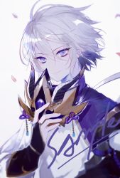 Rule 34 | 1boy, black hair, blue eyes, chinese clothes, closed mouth, commentary, falling petals, fate/grand order, fate (series), flower, gradient hair, grey background, grey hair, hair between eyes, holding, holding mask, horned mask, long sleeves, looking at viewer, male focus, mask, me (1005646017), multicolored hair, petals, pink flower, prince of lan ling (fate), sample watermark, shirt, short hair, simple background, smile, solo, two-tone hair, unworn mask, upper body, watermark
