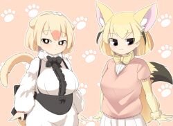 Rule 34 | 2girls, animal ear fluff, animal ears, black bow, black bowtie, blonde hair, blush, bow, bowtie, breasts, brown eyes, cardigan, center frills, closed mouth, collared shirt, colored skin, commentary request, cowboy shot, fennec (kemono friends), fox ears, fox tail, frills, hair bow, kemono friends, large breasts, lets0020, looking at viewer, medium bangs, multicolored hair, multiple girls, paw print, paw print background, pink background, pink cardigan, shirt, short hair, silky anteater (kemono friends), smile, tail, white bow, white shirt, white skin, yellow bow, yellow bowtie