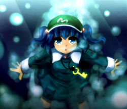 Rule 34 | 1girl, :o, absurdres, blue eyes, blue hair, bubble, blowing bubbles, dress, female focus, hair bobbles, hair ornament, highres, kawashiro nitori, key, matching hair/eyes, open mouth, outstretched arms, pocket, ryu (multitask), ryuu (multitask), short hair, solo, spread arms, touhou, twintails, two side up, underwater