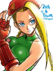 Rule 34 | 1girl, adjusting clothes, adjusting gloves, ahoge, artist name, blonde hair, blue eyes, braid, breasts, cammy white, collarbone, dated, elbow gloves, fingerless gloves, gloves, huge ahoge, large breasts, leotard, long hair, scar, serious, skin tight, solo, street fighter, takumi watanuki, twin braids